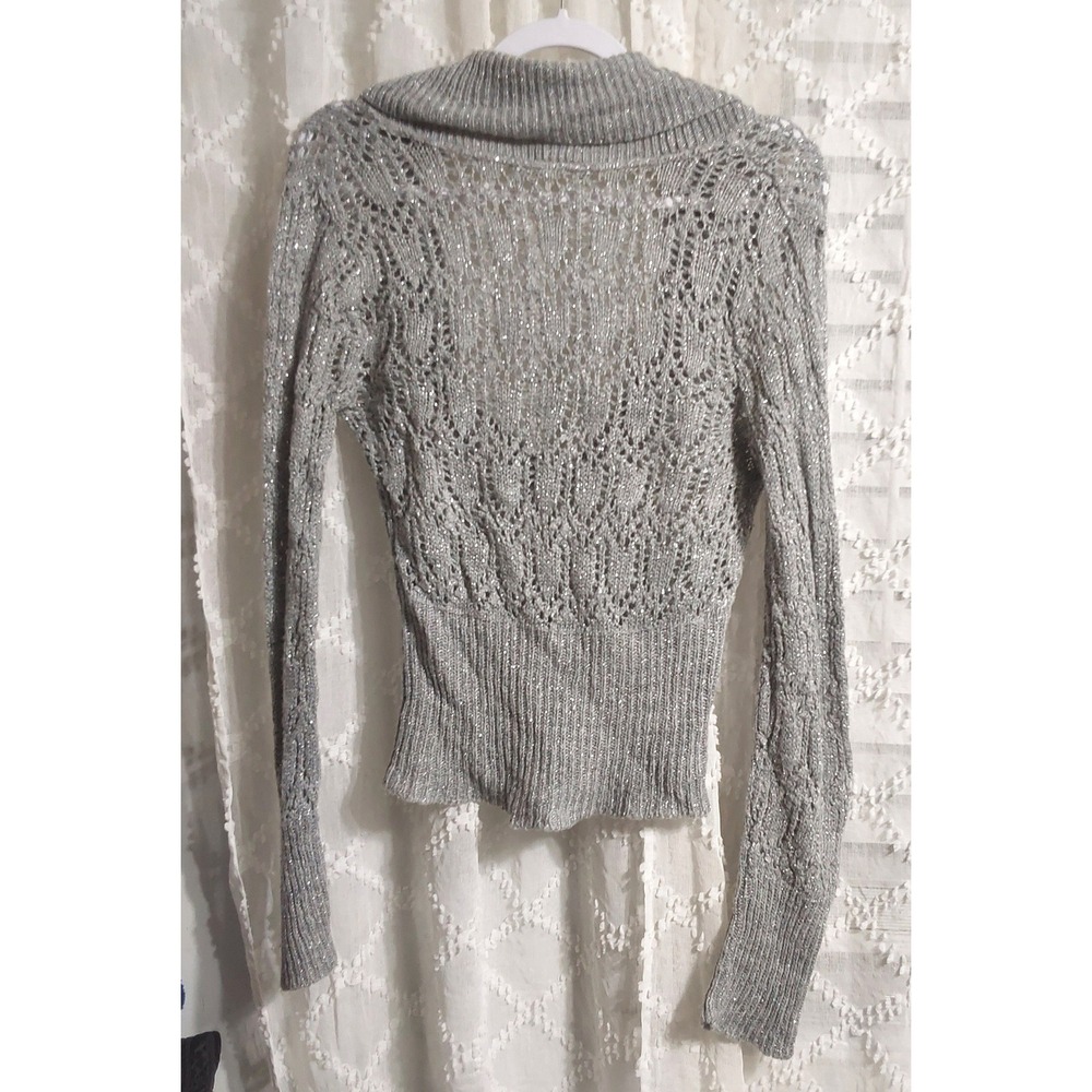 Silver Metallic Open Knit Shawl Collar Sweater Long Sleeve Glitter Top Gray - Picture 2 of 3